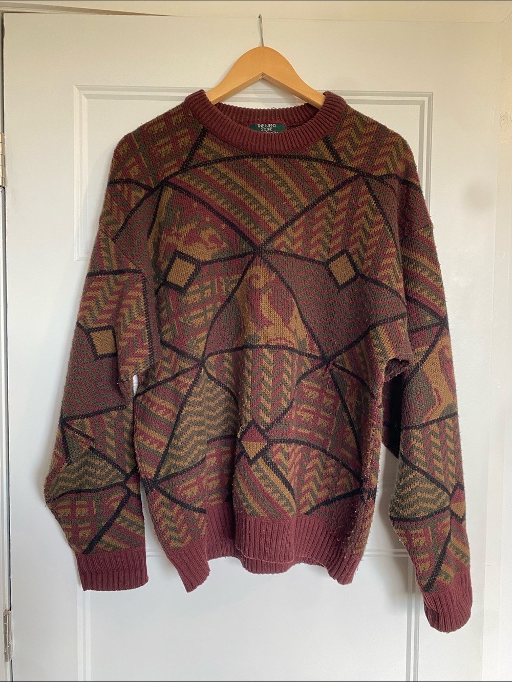 The Men's Store Maroon, Olive and Black Geometric Crewneck Sweater